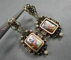 ANTIQUE HANGING VICTORIAN ENAMEL PEARLS 14KT YELLOW GOLD EARRINGS ONE OF A KIND!