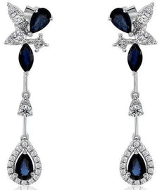 1.86CT DIAMOND & AAA SAPPHIRE 14K WHITE GOLD MULTI SHAPE FLOWER HANGING EARRINGS