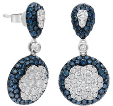 LARGE 2.97CT WHITE & BLUE DIAMOND 14KT WHITE GOLD 3D FLORAL TEAR DROP EARRINGS