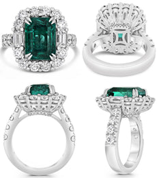 8.56CT DIAMOND & AAA EMERALD PLATINUM EMERALD CUT & ROUND FLORAL ENGAGEMENT RING