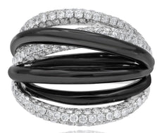 ESTATE LARGE 1.60CT DIAMOND 18K WHITE & BLACK GOLD 3D MULTI ROW CRISS CROSS RING