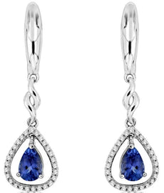 1.0CT DIAMOND & AAA TANZANITE 14K WHITE GOLD PEAR SHAPE & ROUND HANGING EARRINGS