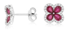 1.91CT DIAMOND & AAA RUBY 14K WHITE GOLD PEAR SHAPE & ROUND FLOWER STUD EARRINGS