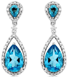 3.99CT DIAMOND & AAA BLUE TOPAZ 14KT WHITE GOLD PEAR SHAPE & ROUND DROP EARRINGS