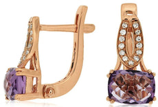 LARGE 1.88CT DIAMOND & AAA AMETHYST 14KT ROSE GOLD 3D CUSHION HANGING EARRINGS