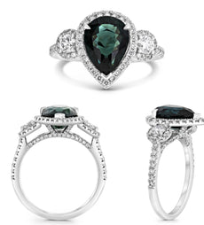 4.37CT DIAMOND & AAA GREEN SAPPHIRE PLATINUM PEAR SHAPE & ROUND ENGAGEMENT RING