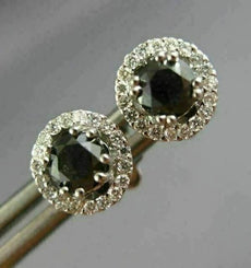 ESTATE .98CT WHITE & BLACK DIAMOND 18KT WHITE GOLD 3D HALO ROUND STUD EARRINGS