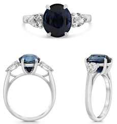 5.62CT DIAMOND & AAA SAPPHIRE PLATINUM 3D OVAL & PEAR SHAPE 3 STONE CLASSIC RING