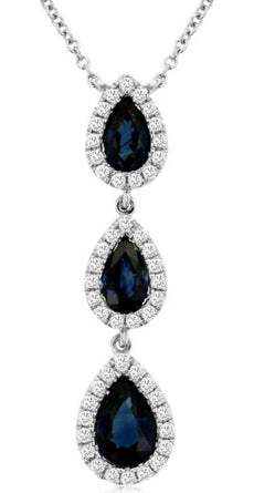 1.08CT DIAMOND & AAA SAPPHIRE 14KT WHITE GOLD PEAR SHAPE 3 STONE HALO NECKLACE