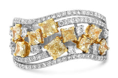 2.15CT WHITE & YELLOW DIAMOND 18K WHITE GOLD CUSHION MULTI ROW ANNIVERSARY RING