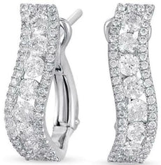.88CT DIAMOND 14KT WHITE GOLD 3D 3 ROW SWIRL WAVE CLIP ON BAR HANGING EARRINGS
