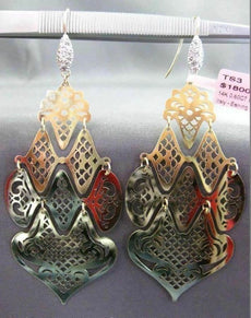 ESTATE LARGE .60CT DIAMOND 14K 2 TONE GOLD PAVE OPEN FILIGREE HANGING EARRINGS