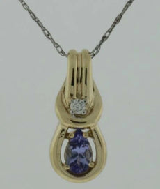 .24CT DIAMOND & AAA TANZANITE 14KT YELLOW GOLD 3D PEAR SHAPE LOVE KNOT PENDANT