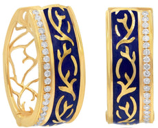 WIDE .30CT DIAMOND & BLUE ENAMEL 18K ROSE GOLD 3D OPEN FILIGREE HANGING EARRINGS