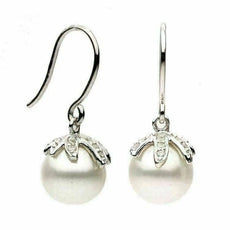 ESTATE .07CT DIAMOND & AAA PEARL 14KT WHITE GOLD LEAF PALM TREE HANGING EARRINGS