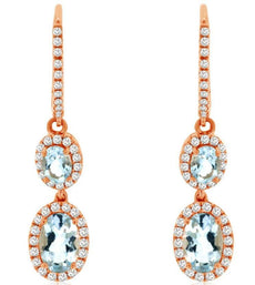1.45CT DIAMOND & AAA AQUAMARINE 14KT ROSE GOLD 3D OVAL & ROUND HANGING EARRINGS