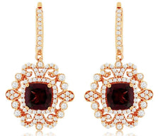 3.4CT DIAMOND & AAA RHODOLITE 14KT ROSE GOLD 3D CUSHION & ROUND HANGING EARRINGS