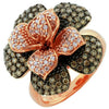 ESTATE 1.25CT WHITE & CHOCOLATE FANCY DIAMOND 14K ROSE GOLD 3D FLOWER ROSE RING