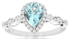 1.15CT DIAMOND & AAA AQUAMARINE 14KT WHITE GOLD PEAR SHAPE HALO FRIENDSHIP RING