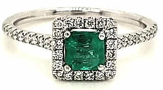 .83CT DIAMOND & AAA EMERALD 18K WHITE GOLD PRINCESS & ROUND HALO ENGAGEMENT RING