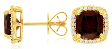 4.26CT DIAMOND & AAA GARNET 14KT YELLOW GOLD CUSHION & ROUND HALO STUD EARRINGS