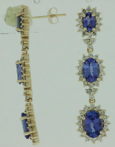 7.65CT DIAMOND & AAA TANZANITE 14KT YELLOW GOLD 3D MULTI FLOWER HANGING EARRINGS