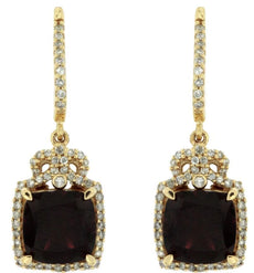 5.22CT DIAMOND & AAA RHODOLITE 14KT YELLOW GOLD CUSHION & ROUND HANGING EARRINGS
