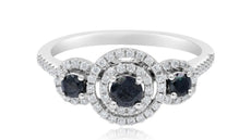 .80CT WHITE & BLACK DIAMOND 14K WHITE GOLD 3 STONE PAST PRESENT FUTURE LOVE RING