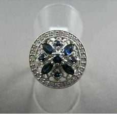 ANTIQUE  WIDE 1.15CT DIAMOND & AAA BLUE SAPPHIRE 14KT WHITE GOLD 3D FLOWER RING