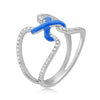 .35CT DIAMOND & BLUE ENAMEL 14KT WHITE GOLD CRISS CROSS DOUBLE HEART X LOVE RING
