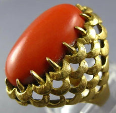 ANTIQUE LARGE AAA CORAL 18K YELLOW GOLD 3D CLASSIC OVAL LOVE KNOT FUN RING 26884