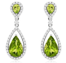 3.84CT DIAMOND & AAA PERIDOT 14KT WHITE GOLD 3D PEAR SHAPE HALO HANGING EARRINGS