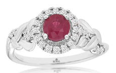 .94CT DIAMOND & AAA RUBY 14KT WHITE GOLD 3D ROUND HALO LOVE KNOT ENGAGEMENT RING