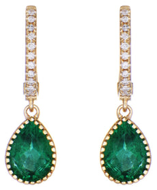 ESTATE 2.25CT DIAMOND & AAA EMERALD 18KT YELLOW GOLD PEAR SHAPE & ROUND EARRINGS