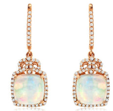 3.22CT DIAMOND & AAA OPAL 14KT ROSE GOLD CUSHION & ROUND CROWN HANGING EARRINGS