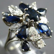 ESTATE LARGE 2.0CT DIAMOND & AAA SAPPHIRE 18KT WHITE GOLD 3D FLOWER CLUSTER RING