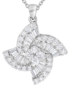 1.43CT DIAMOND 14KT WHITE GOLD 3D ROUND & BAGUETTE FLORAL FUN FLOATING PENDANT