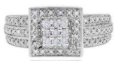 ESTATE .41CT DIAMOND 14KT WHITE GOLD 3D ROUND PAVE SQUARE FILIGREE FUN RING
