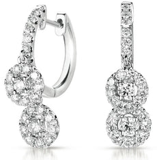 ESTATE 1.48CT DIAMOND 14KT WHITE GOLD DOUBLE FLOWER FUN HUGGIE HANGING EARRINGS