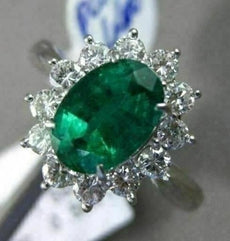 ANTIQUE LARGE 2.14CT DIAMOND & AAA COLOMBIAN EMERALD PLATINUM CLUSTER OVAL RING