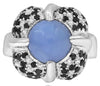 1.49CT WHITE & BLACK DIAMOND & AAA CHALCEDONY 18K WHITE GOLD 3D FLOWER LOVE RING