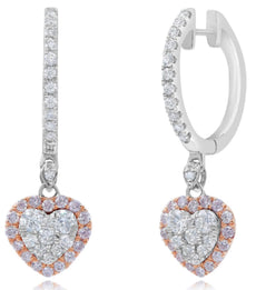 .83CT WHITE & PINK DIAMOND 18KT WHITE & ORSE GOLD HEART SHAPE HANGING EARRINGS