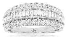 1.0CT DIAMOND 14KT WHITE GOLD 3D ROUND & BAGUETTE 3 ROW WEDDING ANNIVERSARY RING