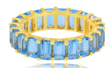 7.95CT AAA BLUE TOPAZ 14K YELLOW GOLD EMERALD CUT SHARED PRONG ETERNITY FUN RING