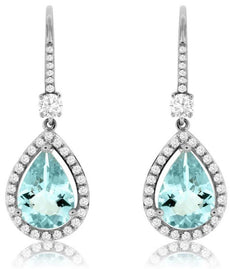 3.76CT DIAMOND & AAA AQUAMARINE 14KT WHITE GOLD PEAR SHAPE HALO HANGING EARRINGS