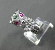 ESTATE LARGE .92CT DIAMOND TSAVORITE & RUBY 14KT WHITE GOLD 3D HAPPY TIGER RING