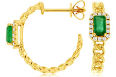 .40CT DIAMOND & AAA EMERALD 14K YELLOW GOLD 3D SQUARE HALO HOOP HANGING EARRINGS