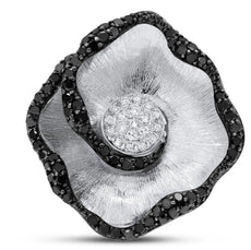 ESTATE .70CT WHITE & BLACK DIAMOND 14KT WHITE GOLD 3D ROSE FLOWER FUN RING