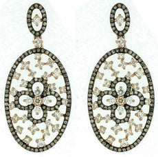 ESTATE LARGE 1.97CT WHITE & CHOCOLATE FANCY DIAMOND 14KT ROSE GOLD OVAL EARRINGS