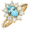 ESTATE 1.45CT DIAMOND & AAA AQUAMARINE 14KT YELLOW GOLD 3D OVAL FLOWER LOVE RING